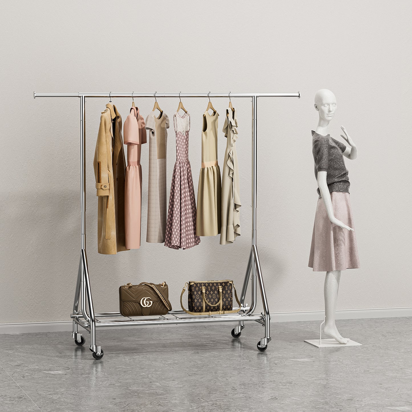 Clothing rack with Wheels Load 400 LBS, Metal rolling Clothes rack, Free Standing Heavy Duty Garment rack with Sturdy Shelves, Portable Closet Wardrobe rack, Sliver