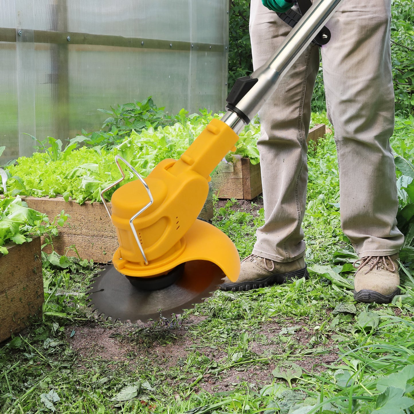 Grass Trimmer, 24V Electric Weed Eater Grass Cutter with 2x2.0A Batteries, 3 in 1 Battery Powered Weed Trimmer with Wheels 3 Types Blades for Yard Garden, Yellow
