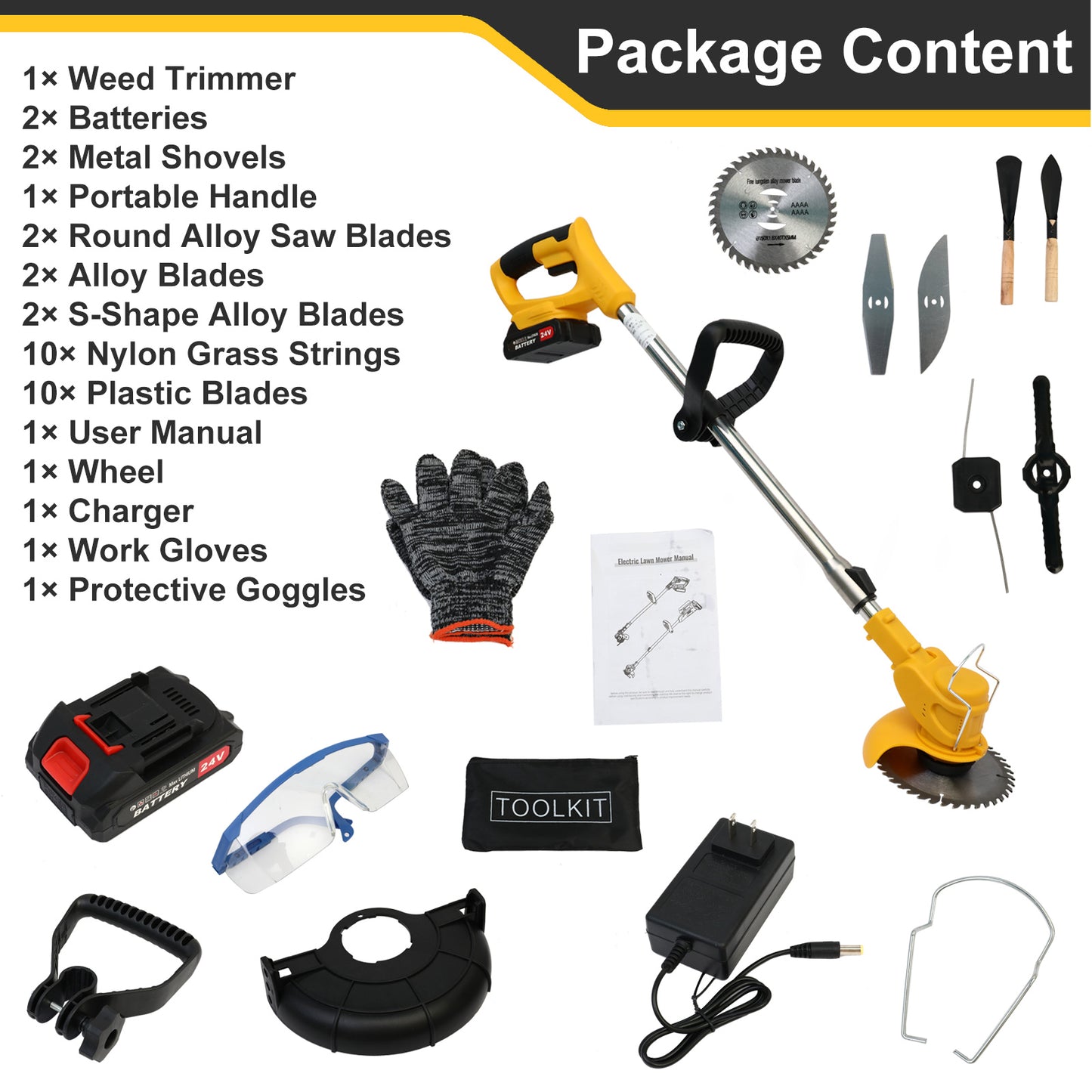 Grass Trimmer, 24V Electric Weed Eater Grass Cutter with 2x2.0A Batteries, 3 in 1 Battery Powered Weed Trimmer with Wheels 3 Types Blades for Yard Garden, Yellow