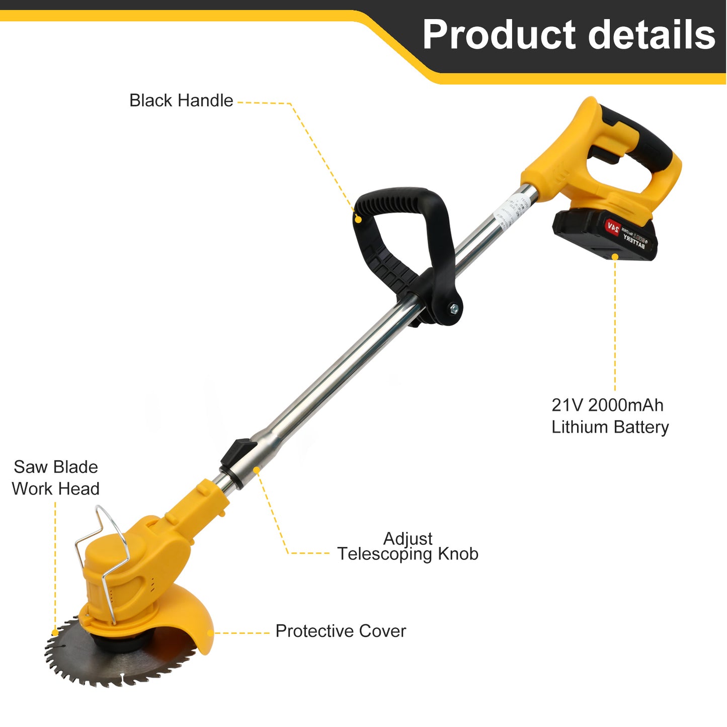 Grass Trimmer, 24V Electric Weed Eater Grass Cutter with 2x2.0A Batteries, 3 in 1 Battery Powered Weed Trimmer with Wheels 3 Types Blades for Yard Garden, Yellow