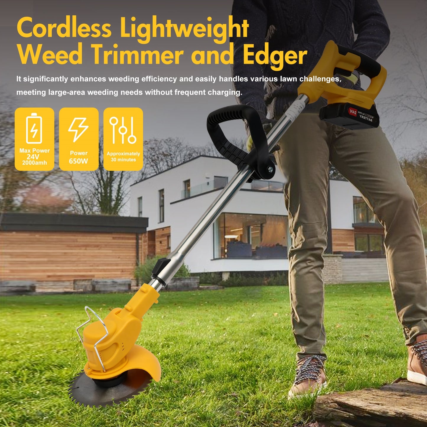 24V 2000mAh Electric Weed Wacker, 3-in-1 Cordless Weed Eater Brush Cutter Grass Trimmer Edger Stringless Weed Cutter Lawn Edger Mower, Yellow