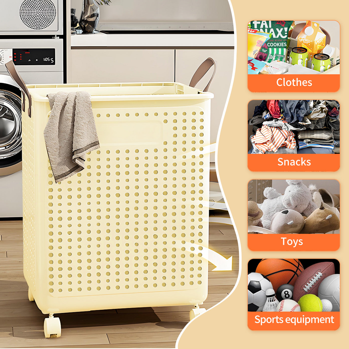 Foldable Multi-Functional Plastic Laundry Basket, Portable Clothing Storage Bin with Wheels, Extra Large, Suitable for Balcony, Bathroom, and Bedroom