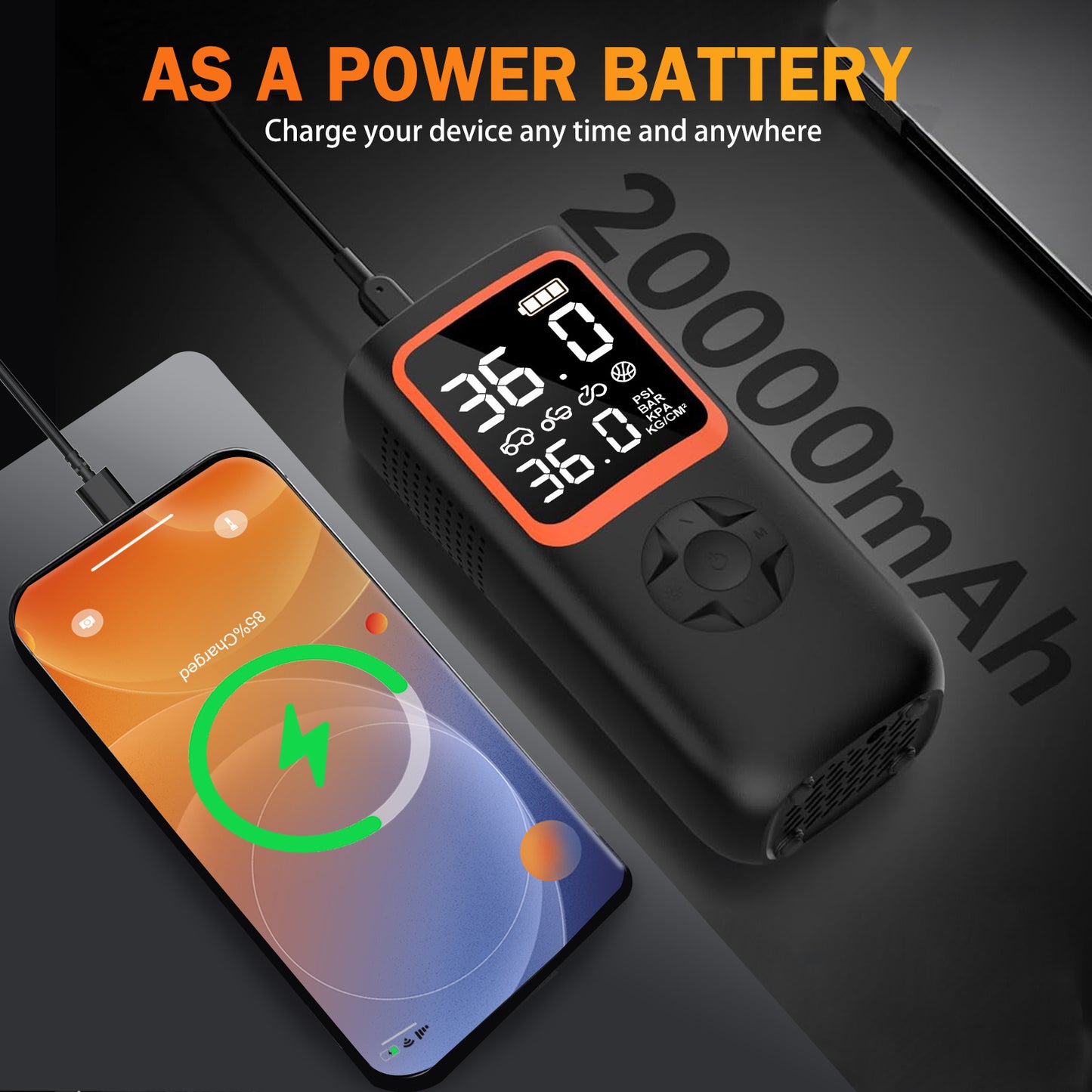 Portable Air Compressor, 160PSI Cordless Car Tire Inflator with Digital Pressure Gauge and LED Light, Auto Air Pump For Compact Car, Motorcycles, Electric Bikes, Ball