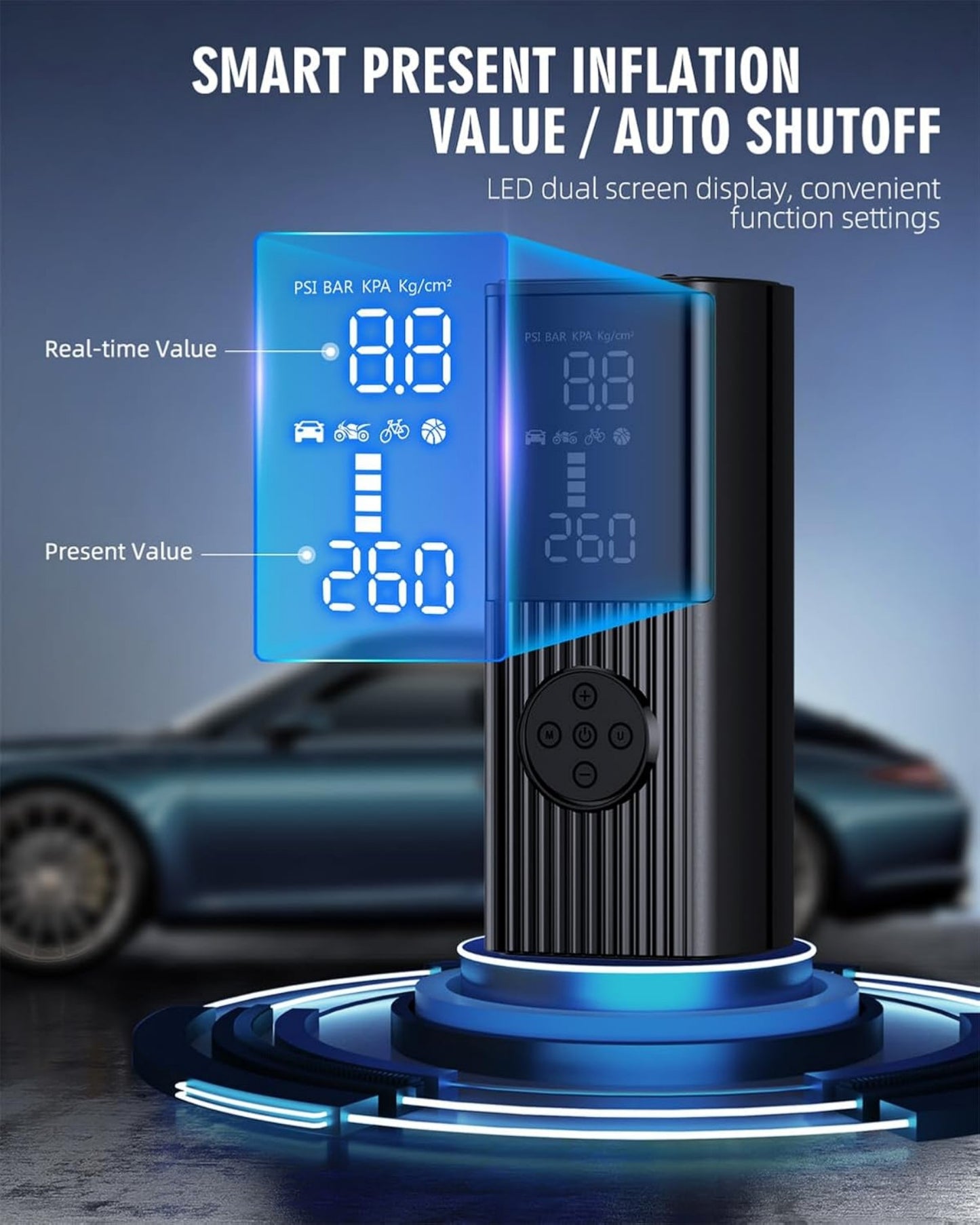 Tire Inflator Portable Air Compressor with Pressure Gauge, Quick Inflation for Car,Motorcycle,Bike,Balls, Rechargeable