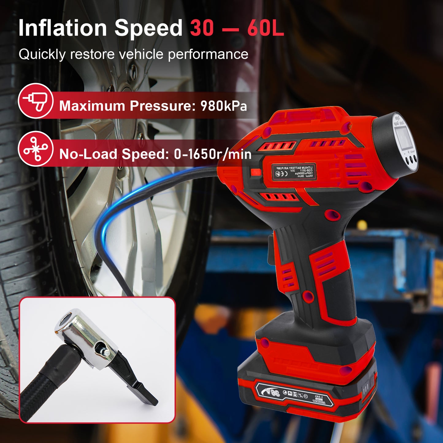 Cordless Tire Inflator Air Compressor, 20V Portable Car Air Pump with Rechargeable Battery and Charger for Cars Motorcycles, Red