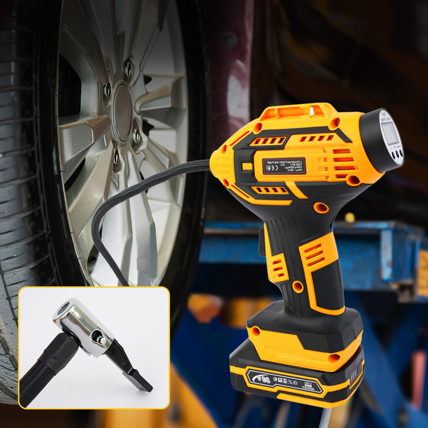 Cordless Tire Inflator Air Compressor, 20V Portable Car Air Pump with Rechargeable Battery and Charger for Cars Motorcycles, Yellow