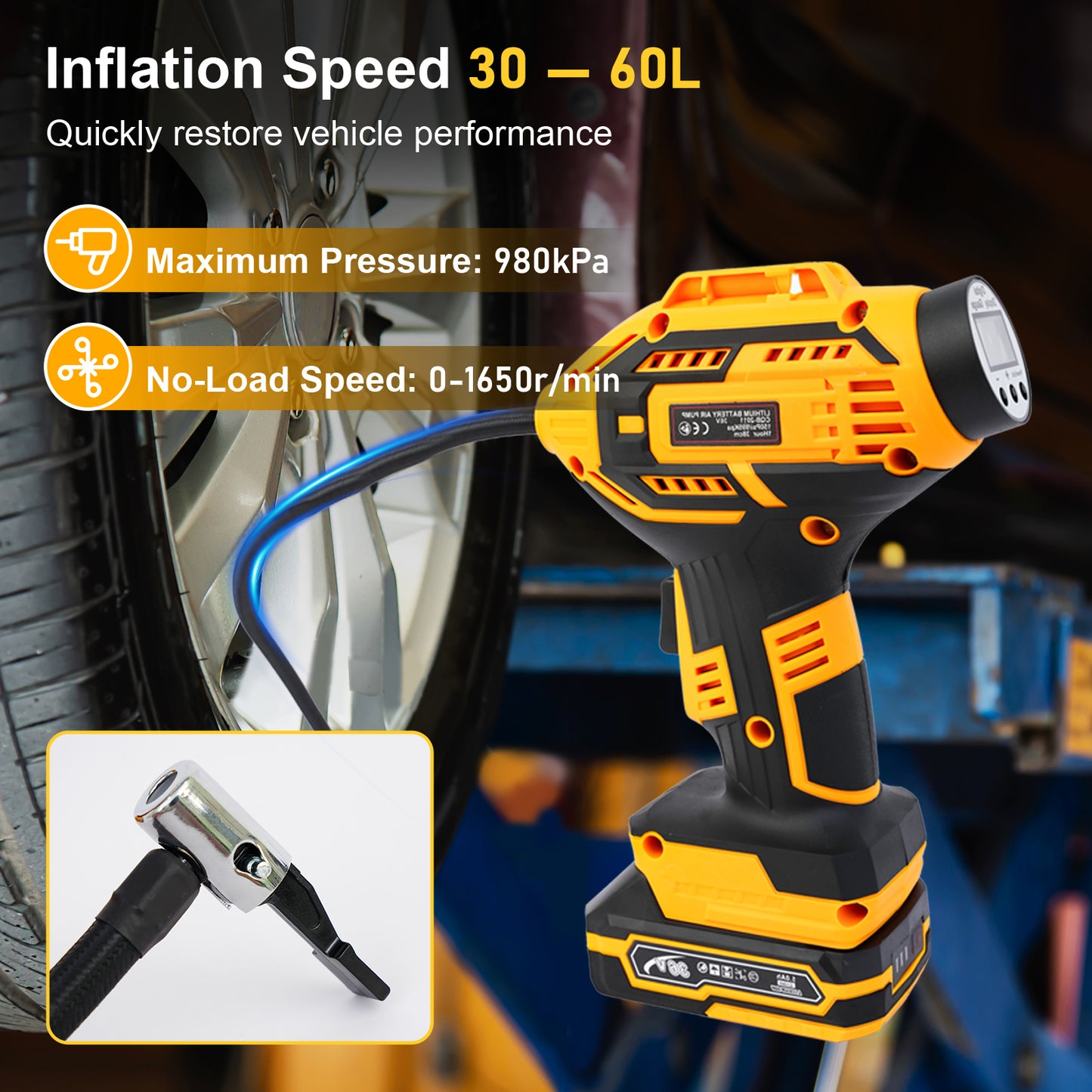 Cordless Tire Inflator Air Compressor, 20V Portable Car Air Pump with Rechargeable Battery and Charger for Cars Motorcycles, Yellow