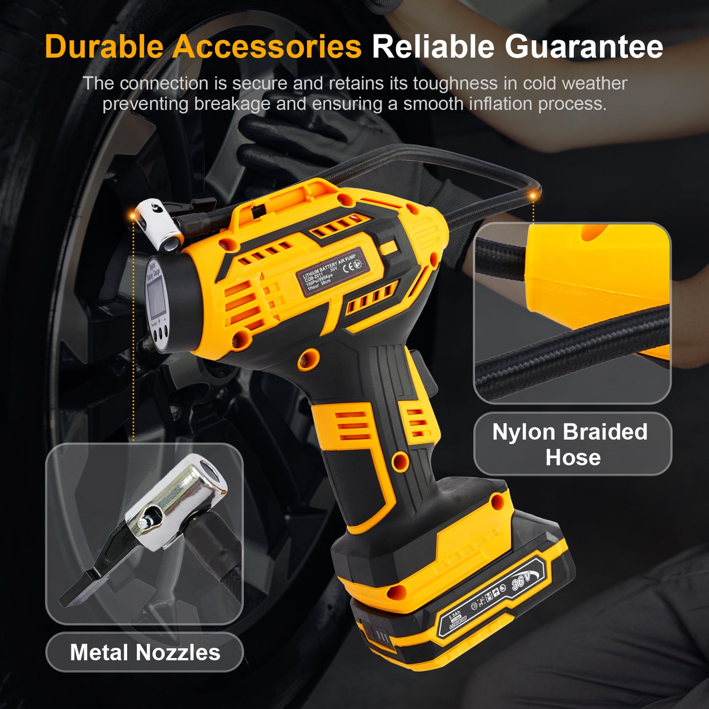Cordless Tire Inflator Air Compressor, 20V Portable Car Air Pump with Rechargeable Battery and Charger for Cars Motorcycles, Yellow