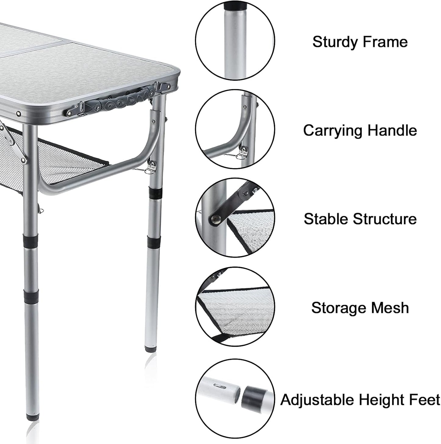 Folding Camp Table with Adjustable Height Legs, Indoor Outdoor Lightweight Portable Aluminum Dining Table for Picnic Camping