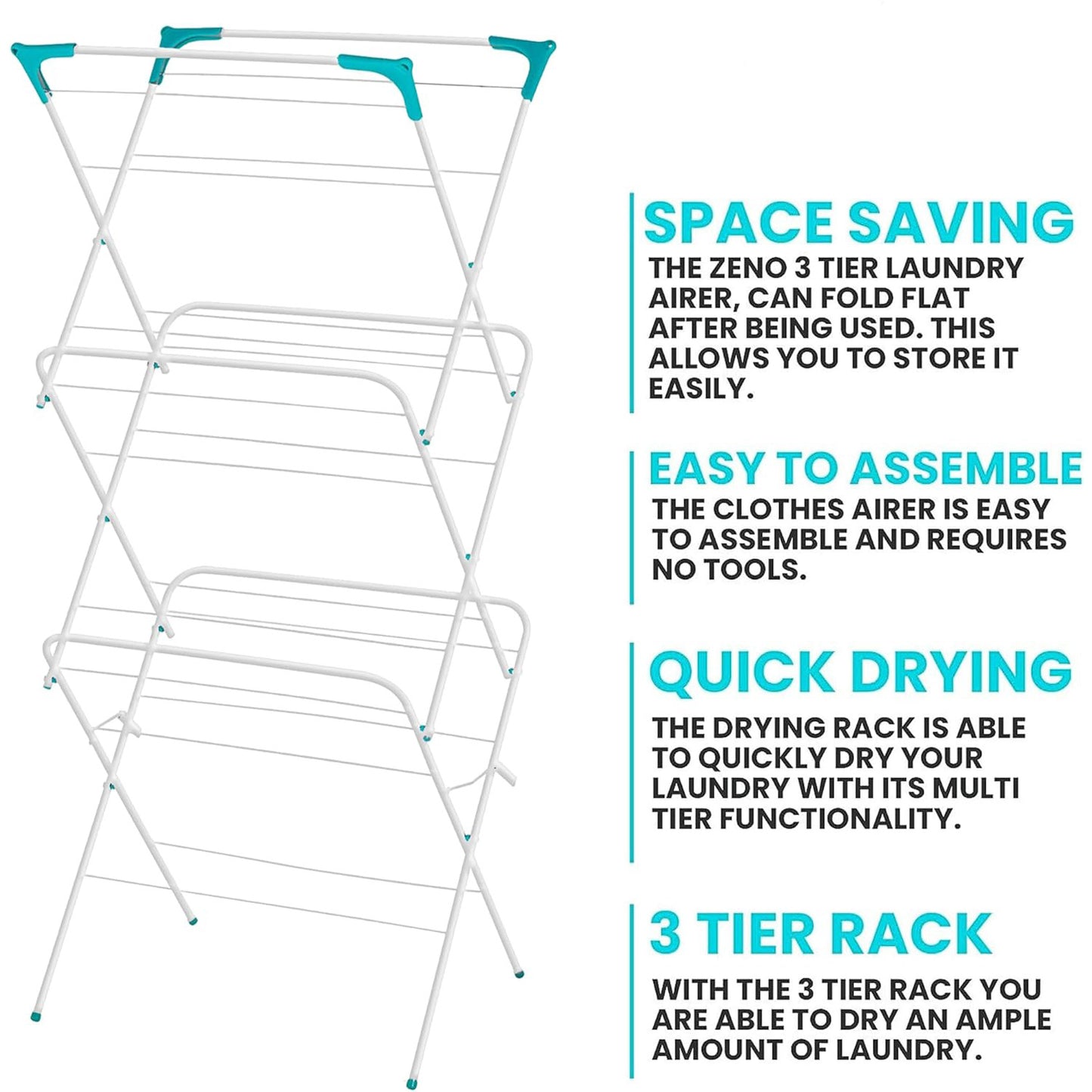 Clothes Drying Rack, 3 Tier Indoor and Outdoor Clothes Drying Rack, Lightly Textured Non Slip Rungs, White