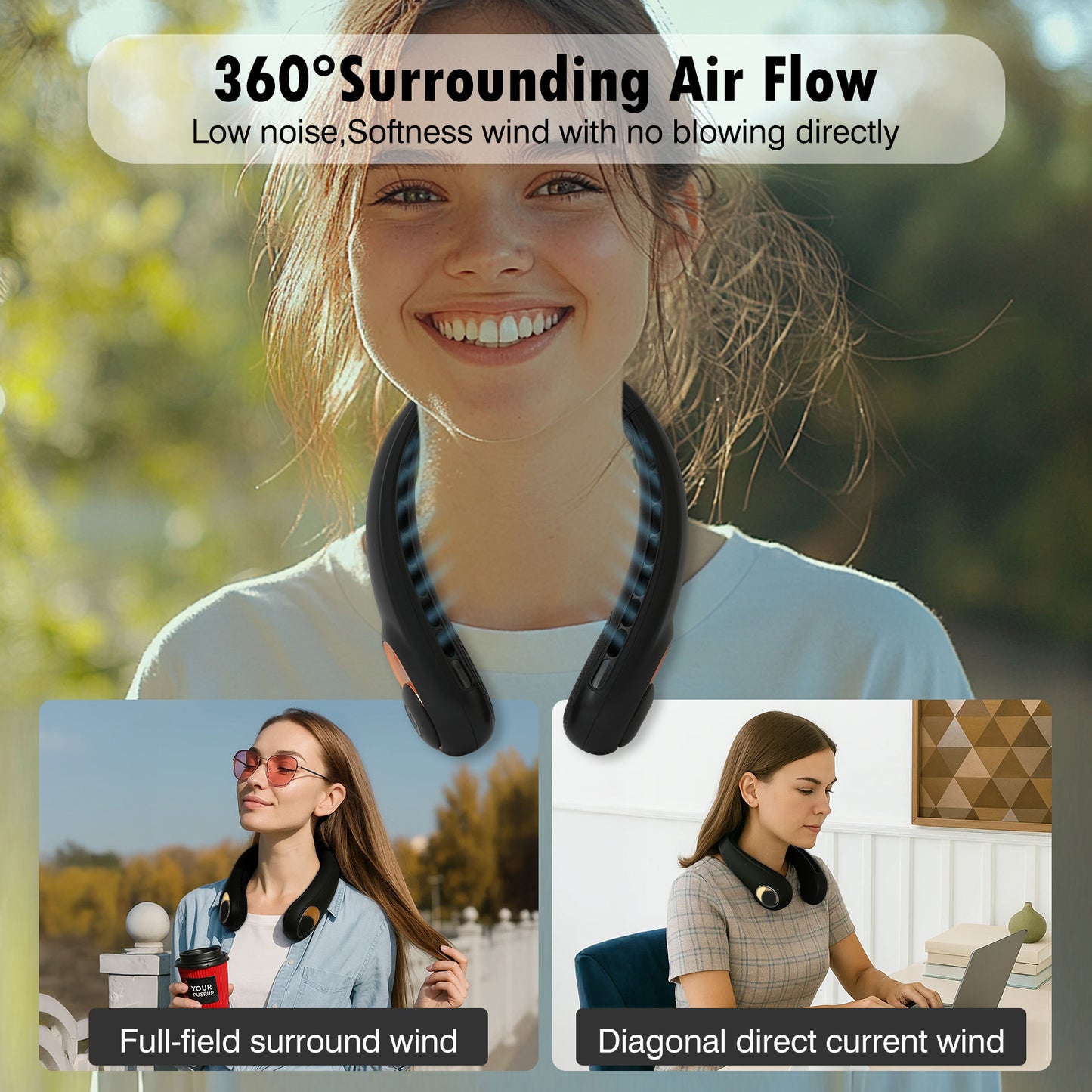 BAOKALER Neck Fan, Portable Personal Fan with 4000mAh USB-C Fast Charge, 360¡ã Cooling Hands-Free Fan, Ultra-Quiet Wearable Neck Cooler Perfect for Indoor/Outdoor Black (2 Pack)