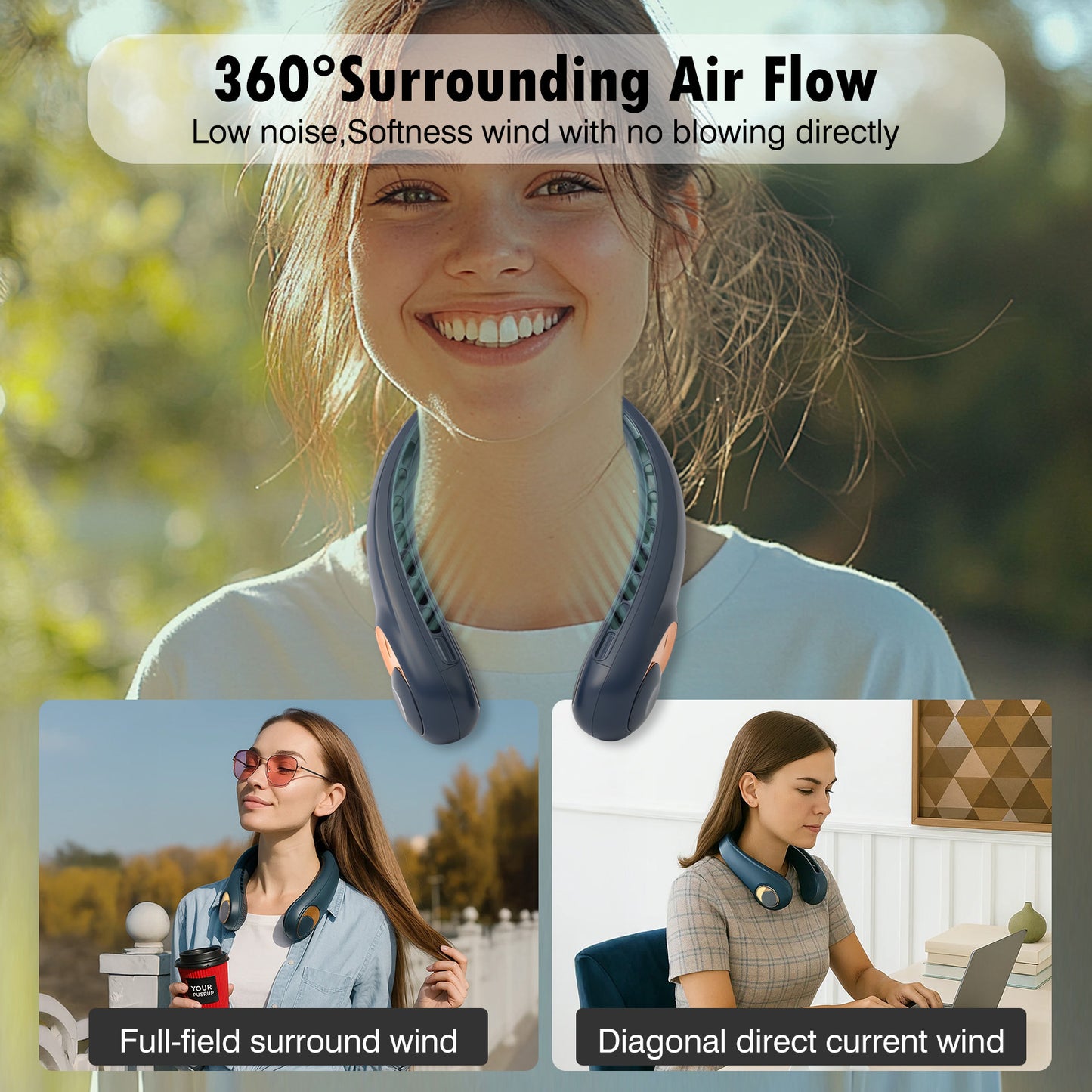 Neck Fan 4000mAh USB-C Fast Charge Hands-Free Fan, 3-Speed Wind Air Volume On 2 Sides Wearable Neck Fan, Ultra-Quiet personal Fan perfect For Office Outdoor and Travel Blue