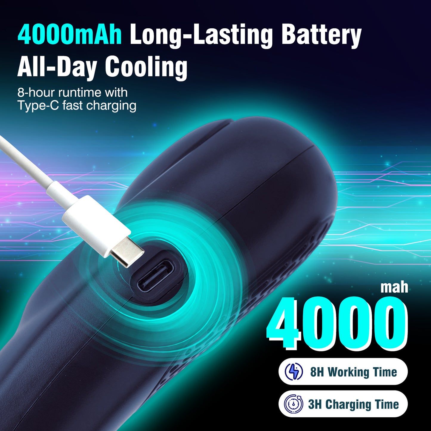 BAOKALER Neck Fan 4000mAh USB-C Fast Charge Wearable Neck Fan, 3-Speed Adjustable Wind 2 Sides Air Volume Hands-Free Fan, Ultra-Quiet Personal Fan for Indoor Outdoor Blue (2 Pack)