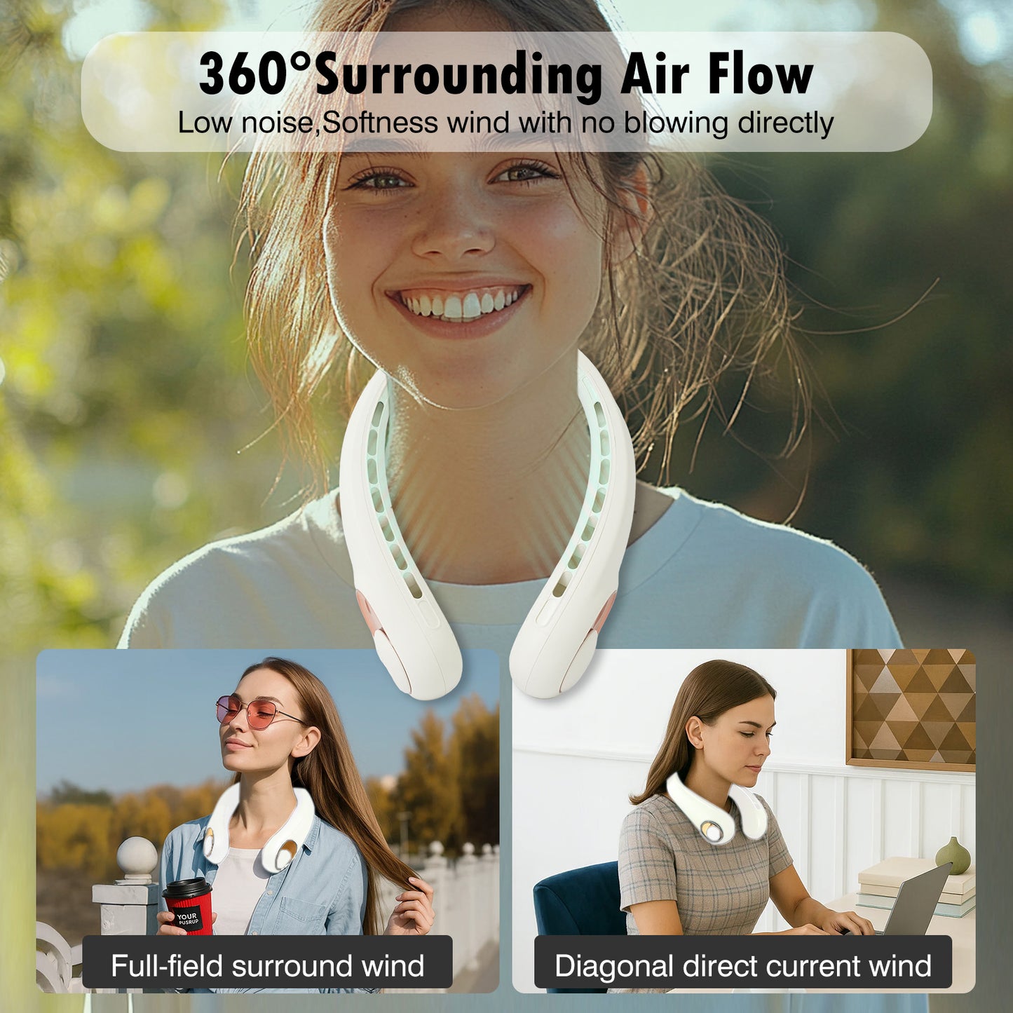 BAOKALER Neck Fan, 4000mAh USB-C Fast Charge Hands-Free Fan, 3 Adjustable Speeds 360¡ãPortable Fan Ultra-Quiet Bladeless Wearable Personal Fan for Men Women White (2 Pack)