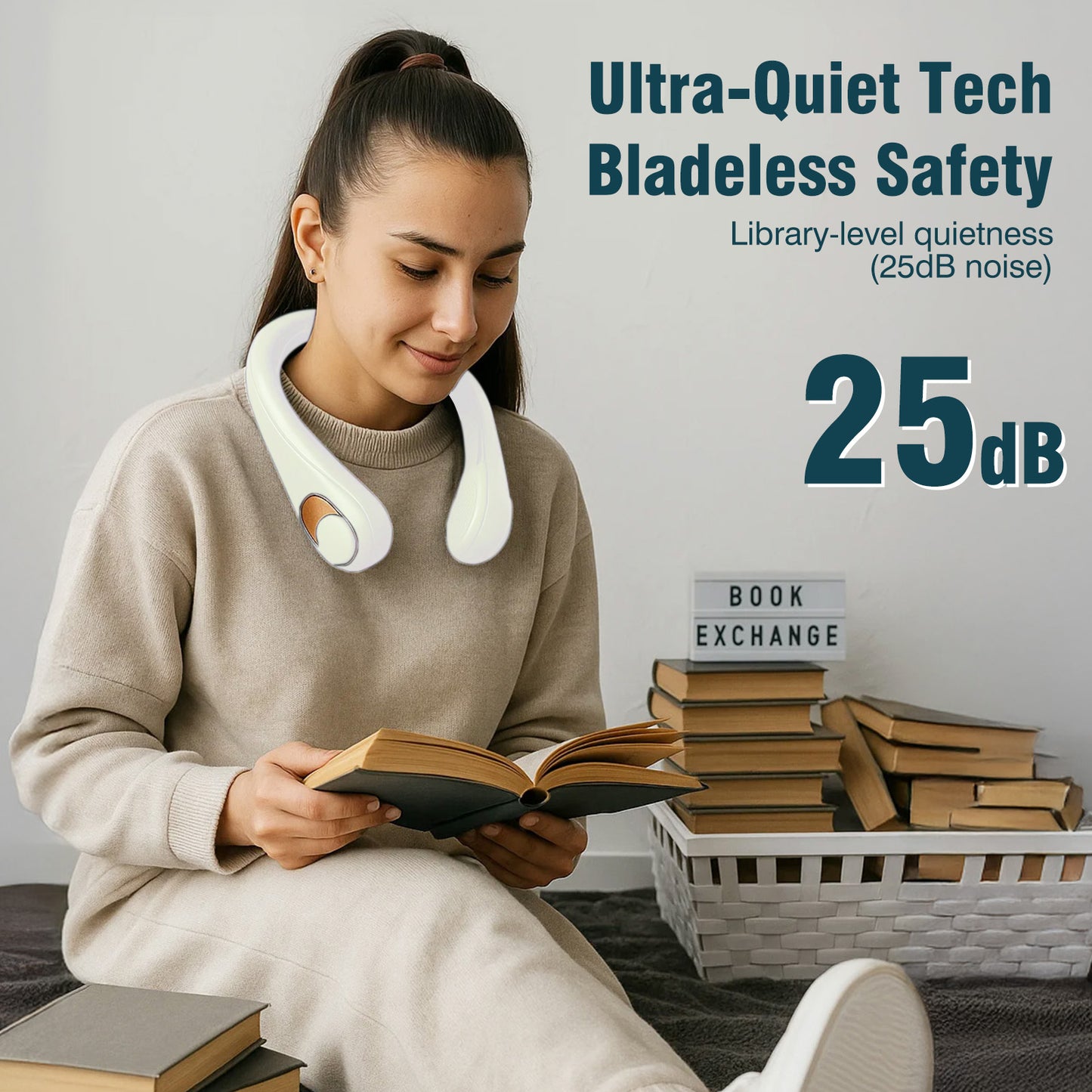 BAOKALER Neck Fan, 4000mAh USB-C Fast Charge Hands-Free Fan, 3 Adjustable Speeds 360¡ãPortable Fan Ultra-Quiet Bladeless Wearable Personal Fan for Men Women White (2 Pack)