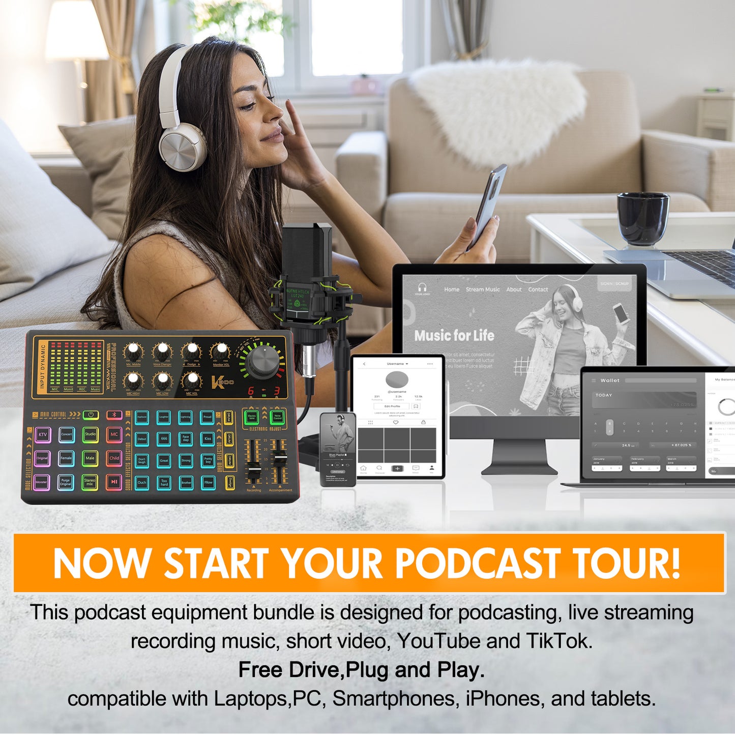 Podcast Equipment Bundle, SK300 Changer with Podcast Microphone Bundle, LED Light, Studio Equipment for Living Broadcast Live Streaming YouTube TikTok