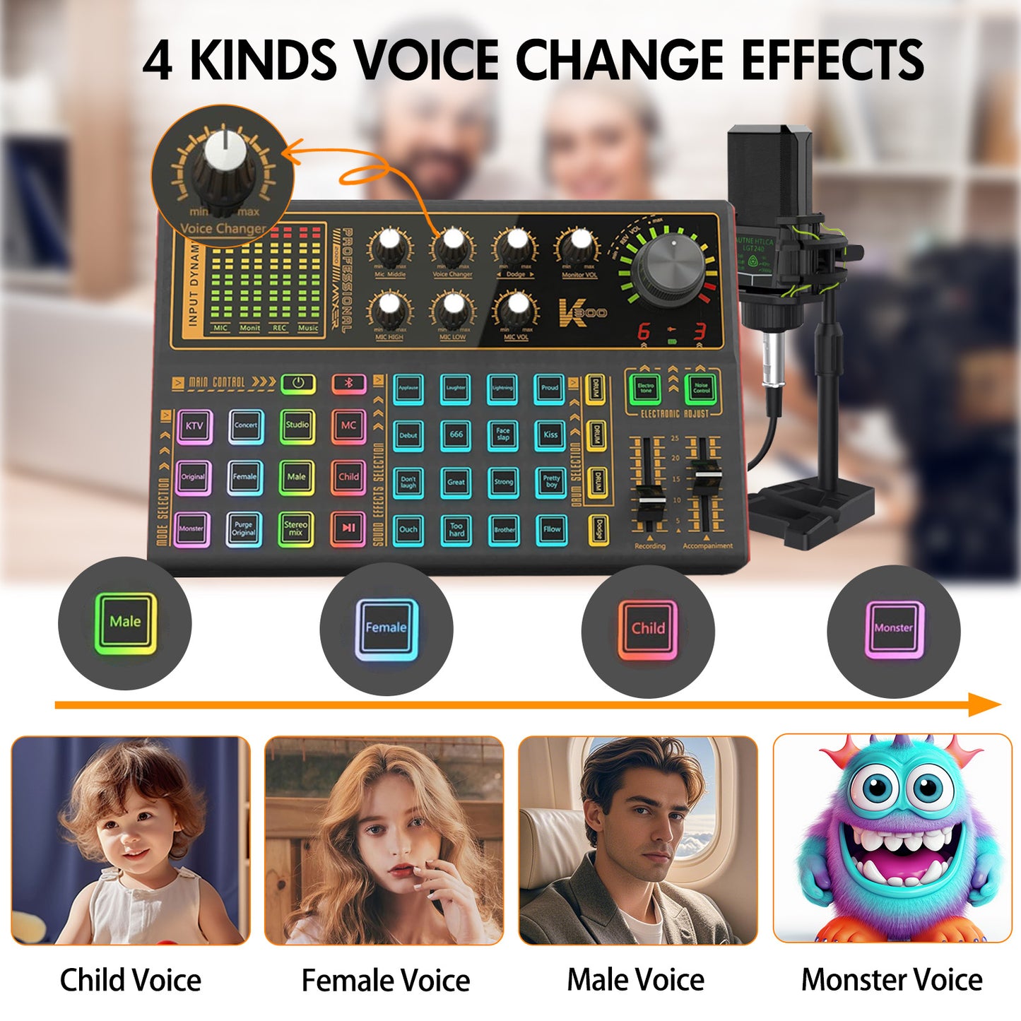 Podcast Equipment Bundle, SK300 Changer with Podcast Microphone Bundle, LED Light, Studio Equipment for Living Broadcast Live Streaming YouTube TikTok