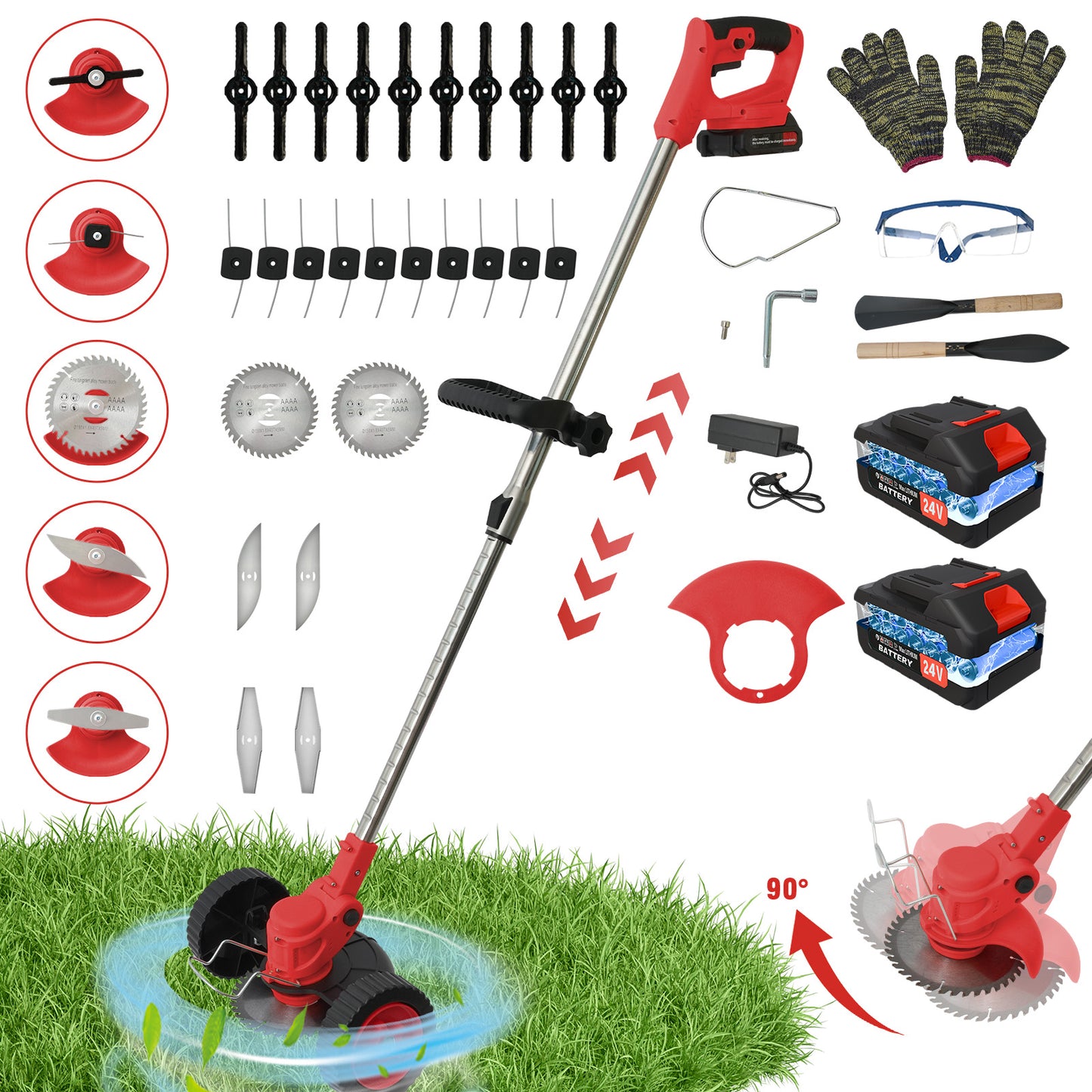 Battery?Powered?Weed?Trimmer-24V?650W?Electric?Grass?Cutting?Machine?with?2PCS?Batteries?2000mAh-Lightweight?for?Garden?&?Lawn?Edging?(Red)