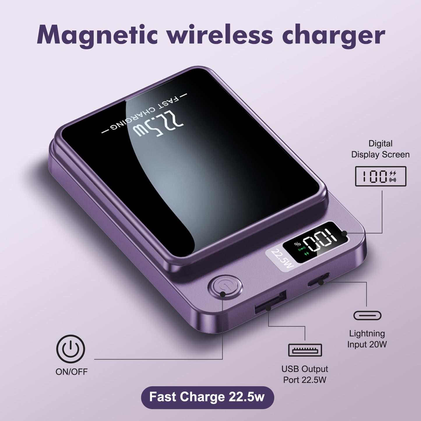 2 in 1 Portable Magnetic Wireless Power Bank, 10000mAh 22.5W Fast Charging, with LED Power Display, Suitable for Outdoor Emergency Backup Power Bank, Compatible with Multi Device, Purple