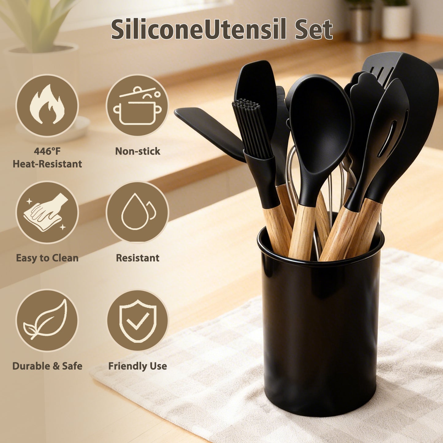 Silicone Cooking Utensils Set, Heat Resistant Kitchen Cooking Utensils Set, 12 PCS Handle Silicone Kitchen Gadgets Utensil Set, Black