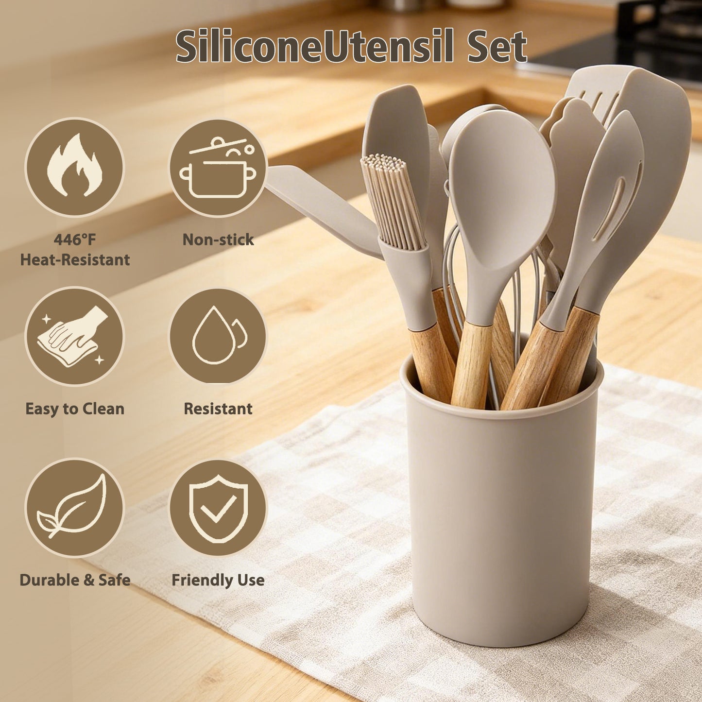 Silicone Cooking Utensils Set, Heat Resistant Kitchen Cooking Utensils Set, 12 PCS Handle Silicone Kitchen Gadgets Utensil Set, Khaki