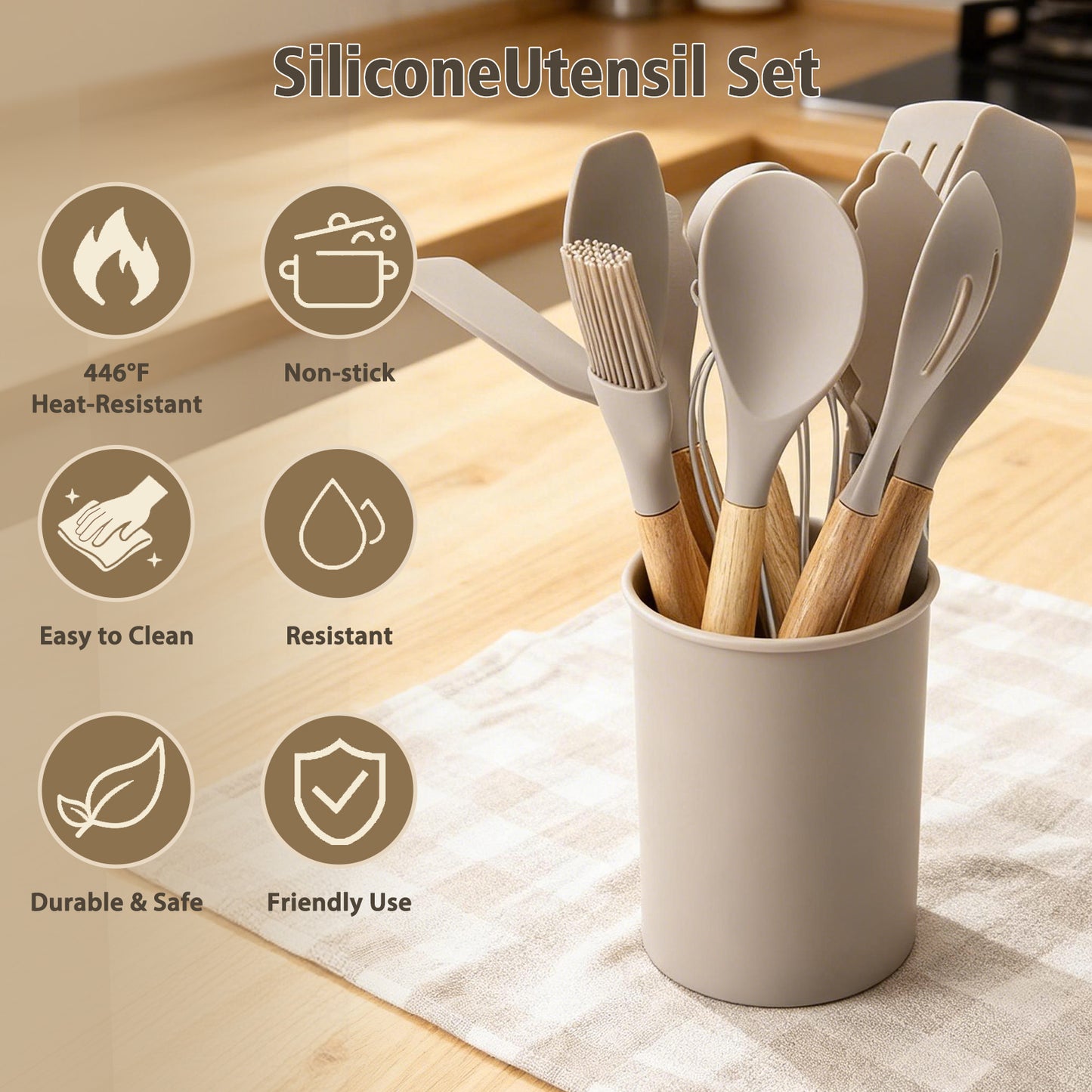 Silicone Cooking Utensils Set, Heat Resistant Kitchen Tools, 36 PCS Non-Stick Silicone Cooking Kitchen Utensils, Khaki