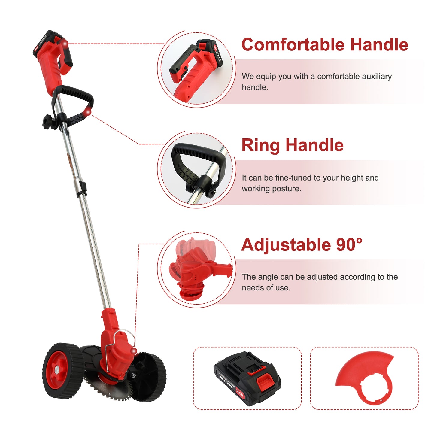 Electric Cordless Grass Trimmer, Cordless Weed Eaters Wacker, 24V 650W Battery Operated String Trimmer Mower, Weed Lawn Edger Eater, Electric Grass Cuting Machine with Wheels