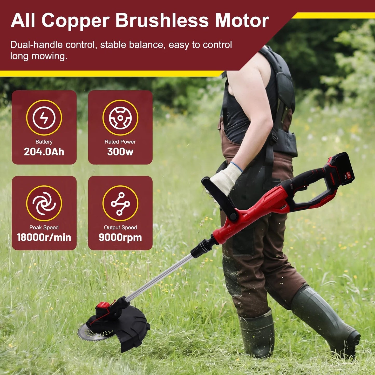 BAOKALER Cordless Brussless Weed Eaters with 4.0Ah 10C Battery, 18000RPM Grass String Trimmer for Wood Cutting Grass Cutting