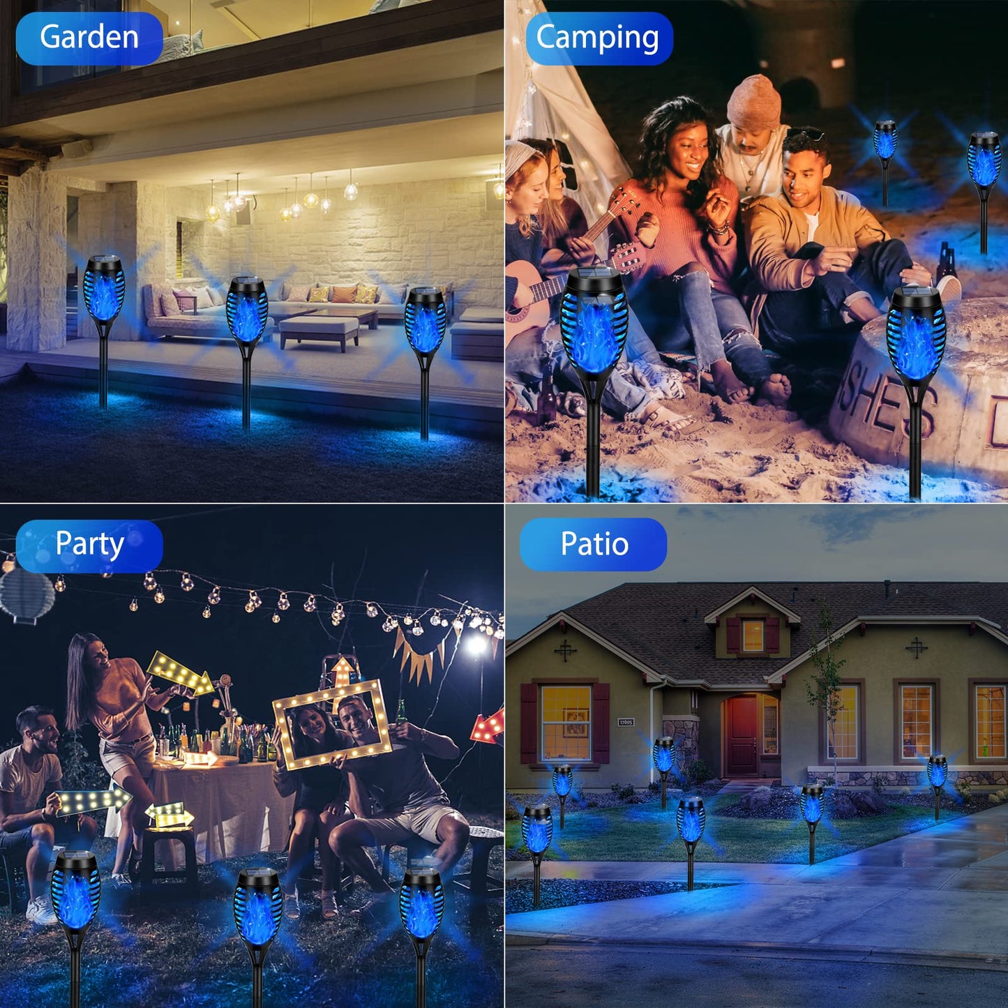 Outdoor Solar Garden Lights, 8 Packs Solar Tiki Torch Lights with Flickering Flame, Blue Lights Waterproof, Hallowee Decor Lights for Garden, Lawn, Patio, Yard Decor