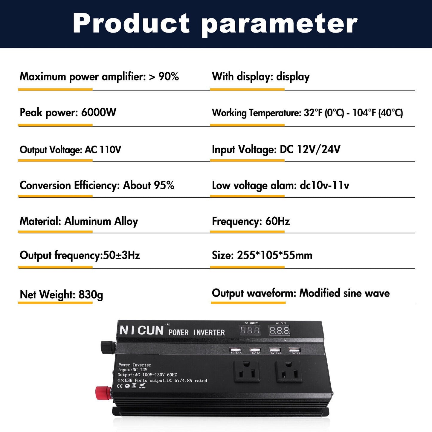 6000W Car Power Inverter DC 12V To 110V AC Pure Sine Wave Solar Converter LCD