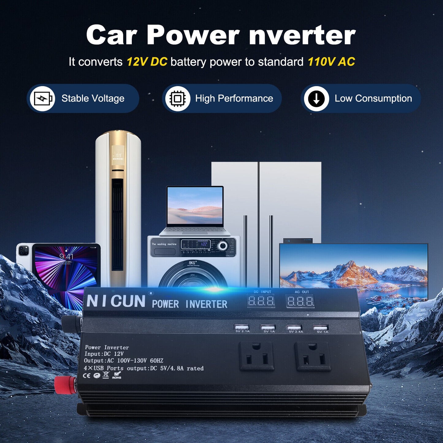 6000W Car Power Inverter DC 12V To 110V AC Pure Sine Wave Solar Converter LCD