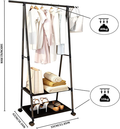 Triangle Rolling Garment Rack, Clothes Rack on Wheels w/2-Tier Storage Shelves, Portable Clothing Hanging Coat Rack, Clothes Hanging Rack for Home Office Apartment Black