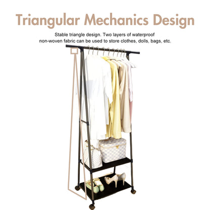 Triangle Rolling Garment Rack, Clothes Rack on Wheels w/2-Tier Storage Shelves, Portable Clothing Hanging Coat Rack, Clothes Hanging Rack for Home Office Apartment Black