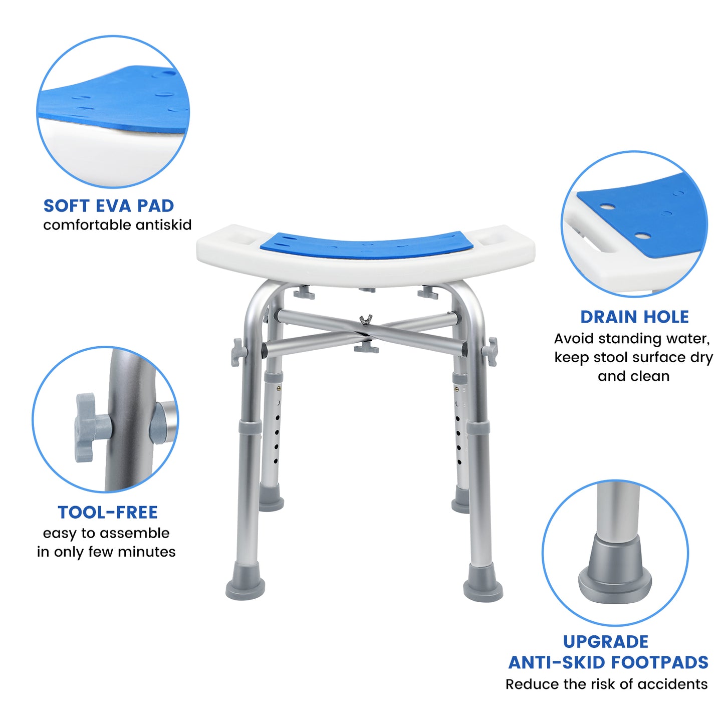 Shower Chair 400lbs Heavy Duty Shower Stool with Padded Bath Seat, Tool-Free Assembly, Height Adjustable Anti-Slip Shower Bench Bathtub Stool Seat for Elderly, Senior, Handicap & Disabled