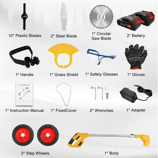 24V Weed Wacker, 3-in-1 Cordless Weed Eater with Wheels, Blades, 2*2000mAh Batteries & Fast Charger, Weed Trimmer for Garden, Yard, Lawn, Patio
