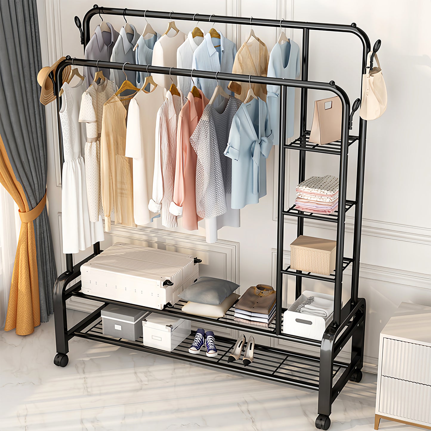 ALSO GO 3-In-1 Double Rod Clothes Rack with 4-Shelf, Metal Clothing Rack with Wheels & 4 Hooks, Portable Heavy Duty Garment Rack with Double Bottom Shelves, Freestanding Organizer for Bedroom, Black
