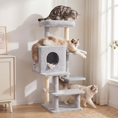 Sturdy Cat Tree: 40-Inch Indoor Cat Tower with Steps for Easy Climbing, Hiding Caves, Scratching Posts & Toys, Perfect for Big Cats