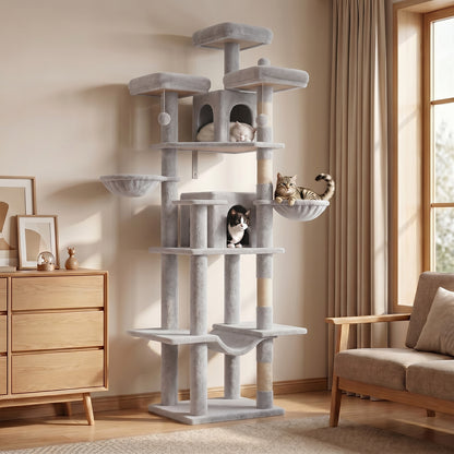 80" Cat Tree, Big Cat Tower for Multiple Adult Cats, Multi-Level Tall Cat Tree with 3 Platforms, 2 Condos, 2 Hanging Basket, Hammock and Scratching Frame for Indoor Kitties, Light Gray