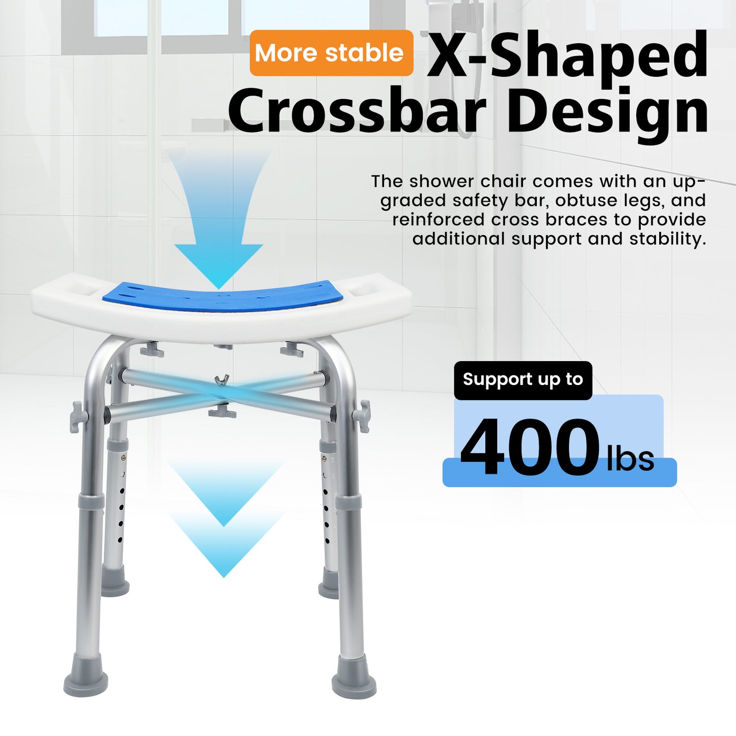 Shower Chair 400lbs Heavy Duty Shower Stool with Padded Bath Seat, Tool-Free Assembly, Height Adjustable Anti-Slip Shower Bench Bathtub Stool Seat for Elderly, Senior, Handicap & Disabled