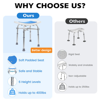 Shower Chair 400lbs Heavy Duty Shower Stool with Padded Bath Seat, Tool-Free Assembly, Height Adjustable Anti-Slip Shower Bench Bathtub Stool Seat for Elderly, Senior, Handicap & Disabled