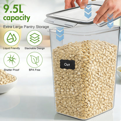 2-Pack 9.5L (321 oz) Clear Airtight Food Storage Canisters with Chalkboard Labels & Measuring Cups - Flour, Grain, Sugar, Rice, Pasta, Coffee Container with Lids