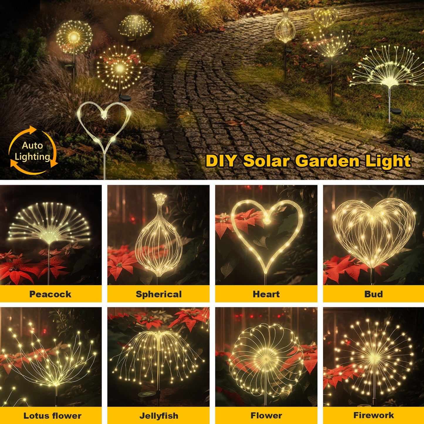 RICAN Solar Garden Lights Outdoor Decorative, 2 Pack Firework Garden Stake Lights Solar Powered, DIY Bendable Copper Wire Waterproof for Garden, Yard, Patio, Flower Bed, Chiristmas Decor