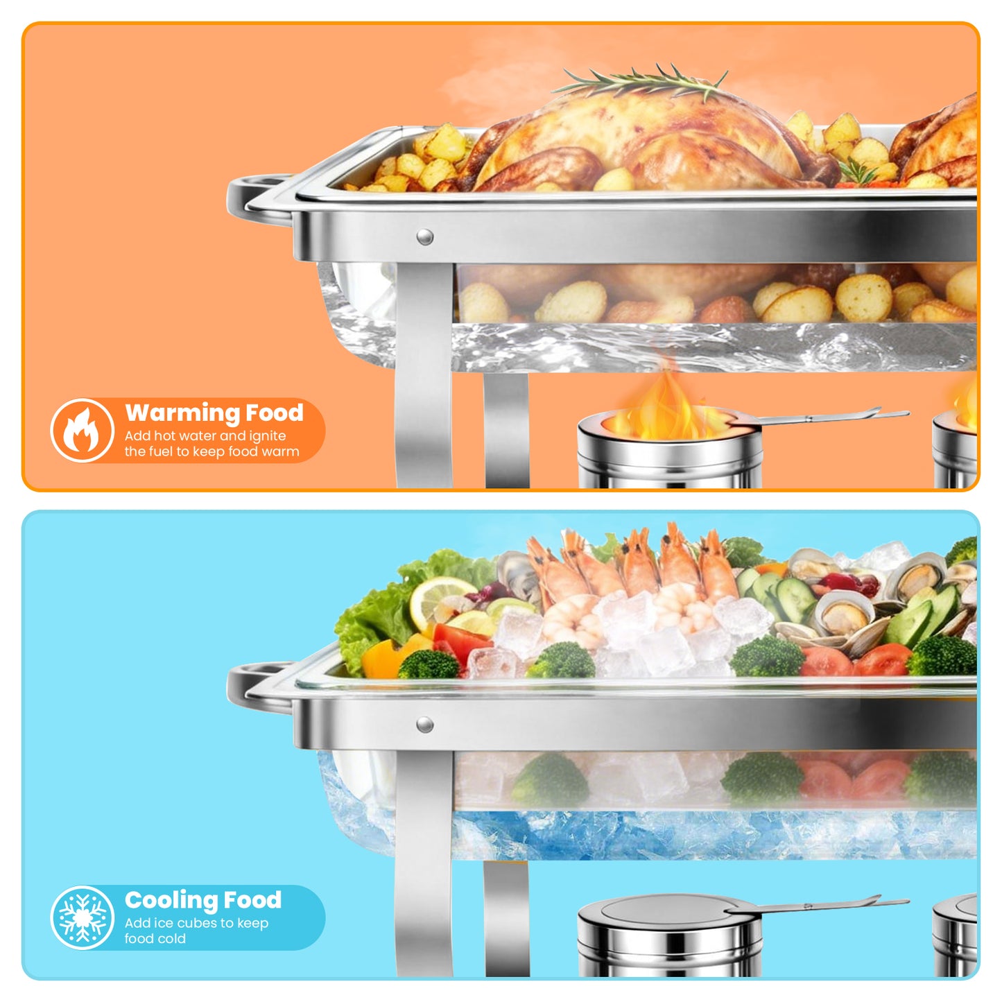 BAOKALER 2 Pack 9QT Stainless Steel Chafing Dish Buffet Set, Rectangular Food Warmer with Water Pan and Fuel Holder, Catering Supplies for Party Banquet Wedding