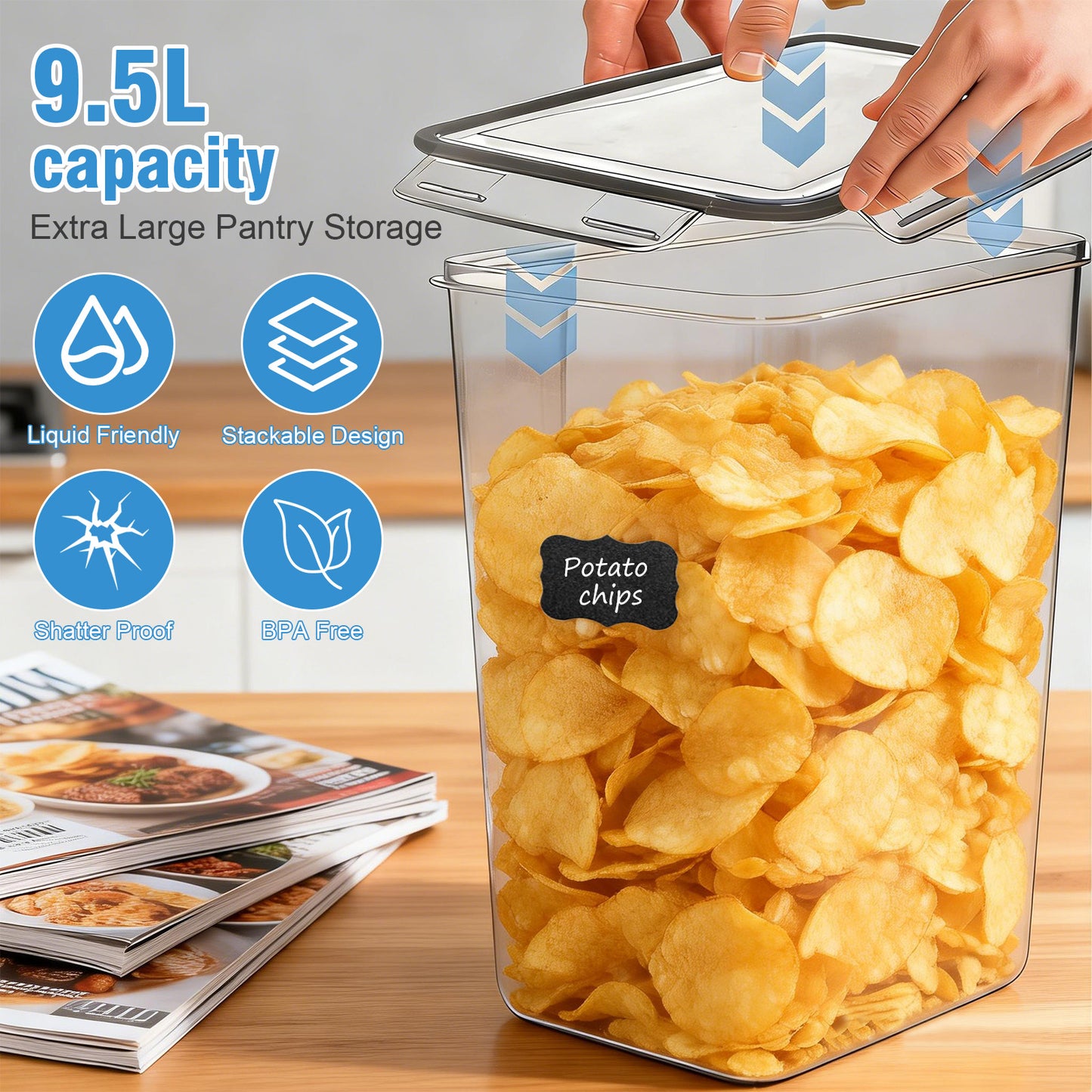 9.5L (6-Pack) Glass Grain Storage Containers with Airtight Lids, 6 Chalkboard Labels with 1 Marker，6 Measuring Cups, Transparent Pantry Organization for Cereals, Pasta, Flour & Dry Food