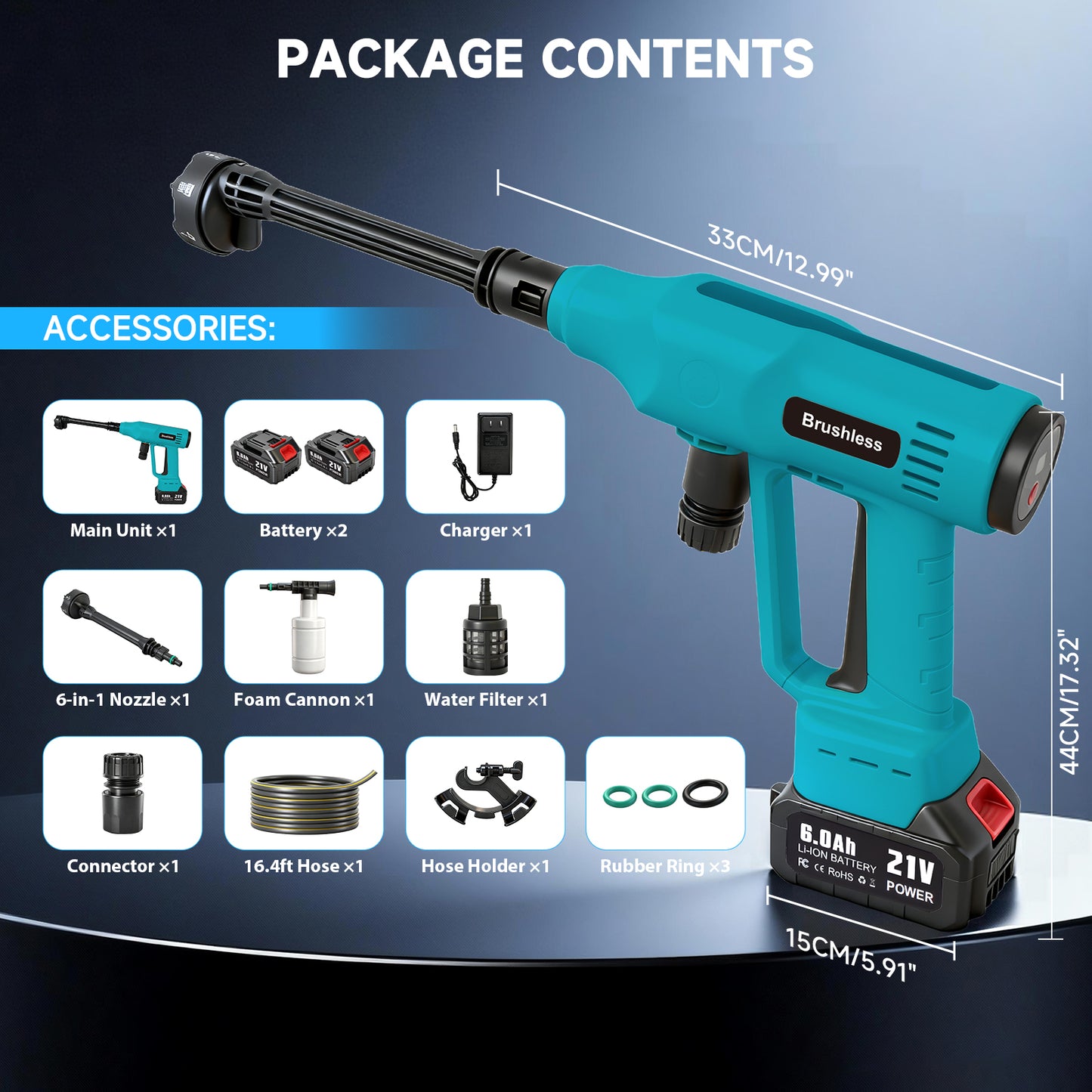 Cordless Pressure Washer, 700PSI Portable Power Washer with LED Display, 2.1GPM Power Cleaner with 6-in-1 Adjustable Nozzle, 16.4ft Hose for Cars/Patios, Blue