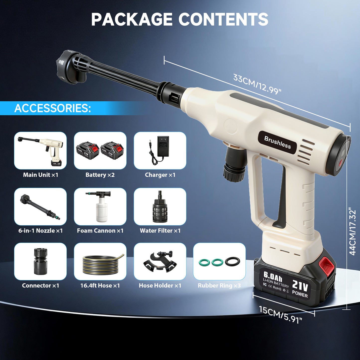 Cordless Pressure Washer, 700PSI Portable Power Washer with LED Display, 2.1GPMPower Cleaner with 6-in-1 Adjustable Nozzle, 16.4ft Hose for Cars/Patios, White