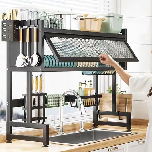 Over The Sink Dish Drying Rack - Adjustable Dish Rack for Kitchen Counter, Metal (Black-41.34Inches)