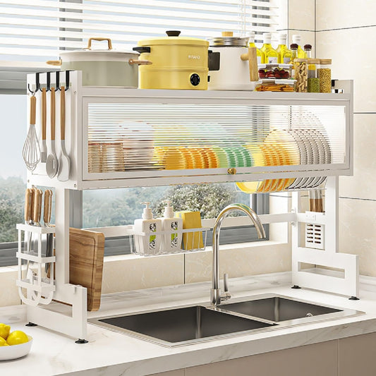 Over The Sink Dish Drying Rack, 2 Tier Metal Steel Dish Drying Racks for Kitchen Counter with Hooks Paper Towel Utensil Cup Holder Sink Caddy (White-41.34"L)