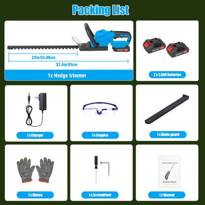 22" Cordless Hedge Trimmer with 180～ Rotatable Head, 21V Electric Bush Trimmer with 2 x 2000mAh Batteries, 1000W 24000r/min Motor, 68Mn Steel Blade for Garden Yard, Blue