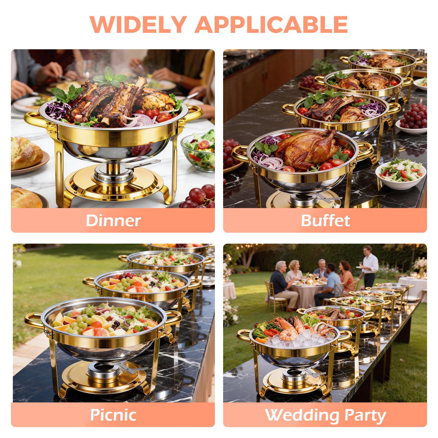 CATGOOD 6 Pack Chafing Dish Buffet Set, 6QT Stainless Steel Food Warmers with Glass Lids & Gold Stands, Buffet Servers & Chafer Set for Parties, Weddings, Catering, Home Banquet